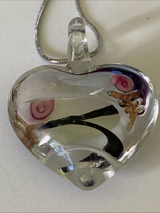 Artisan Jewelry - Artisan Clear Heart Glass Pendant Necklace with Pink and Gold Accents